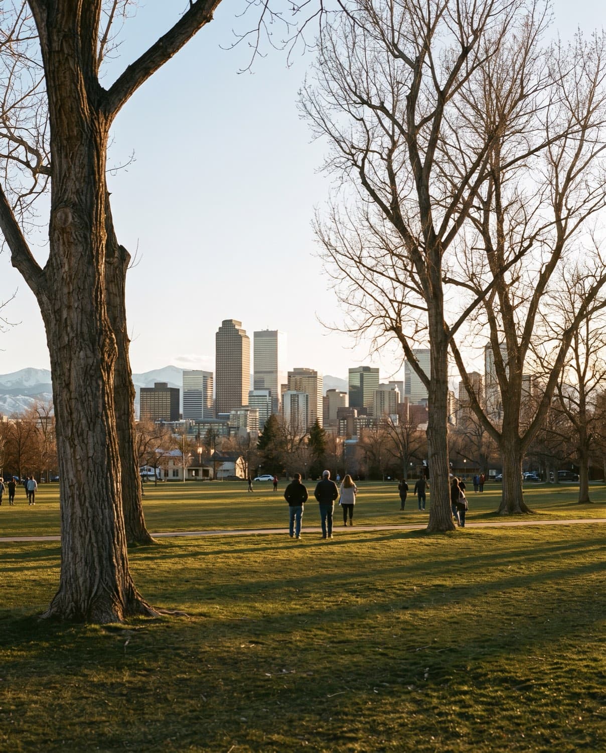 Downtown Denver's towers at golden hour, the snow-capped Rocky Mountains behind them