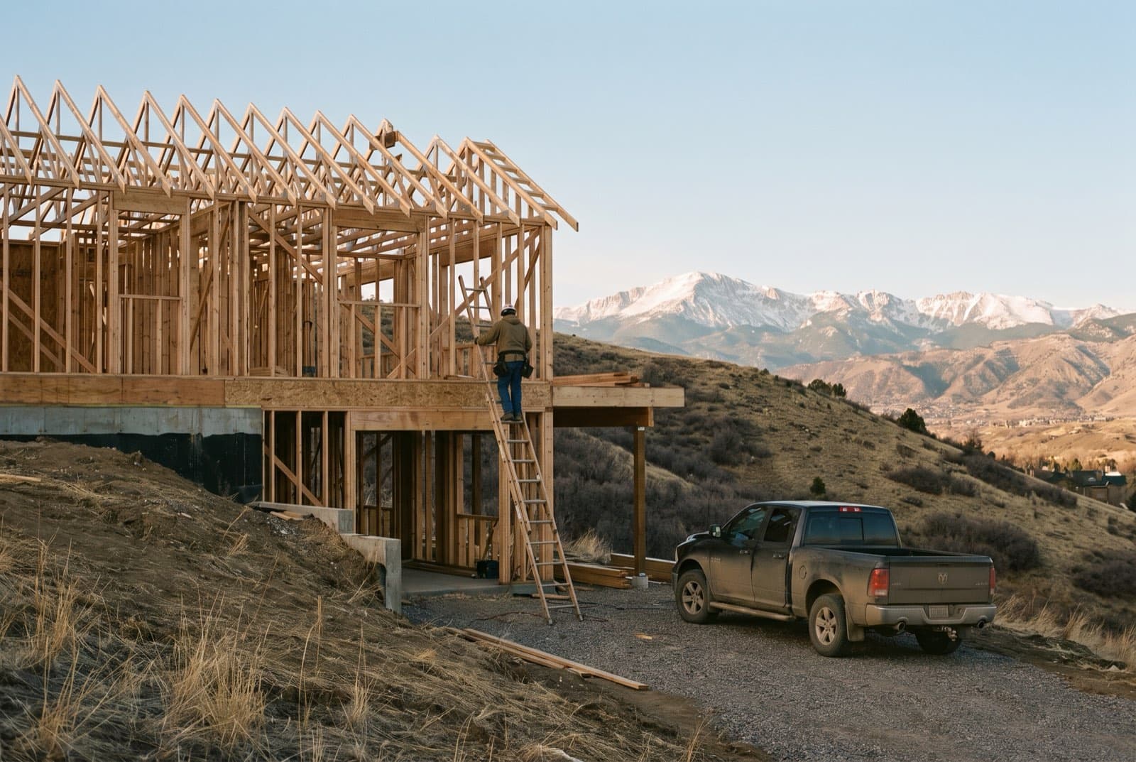 A framer on a ladder at a new custom home in the foothills, a pickup on the gravel drive and snowy peaks behind