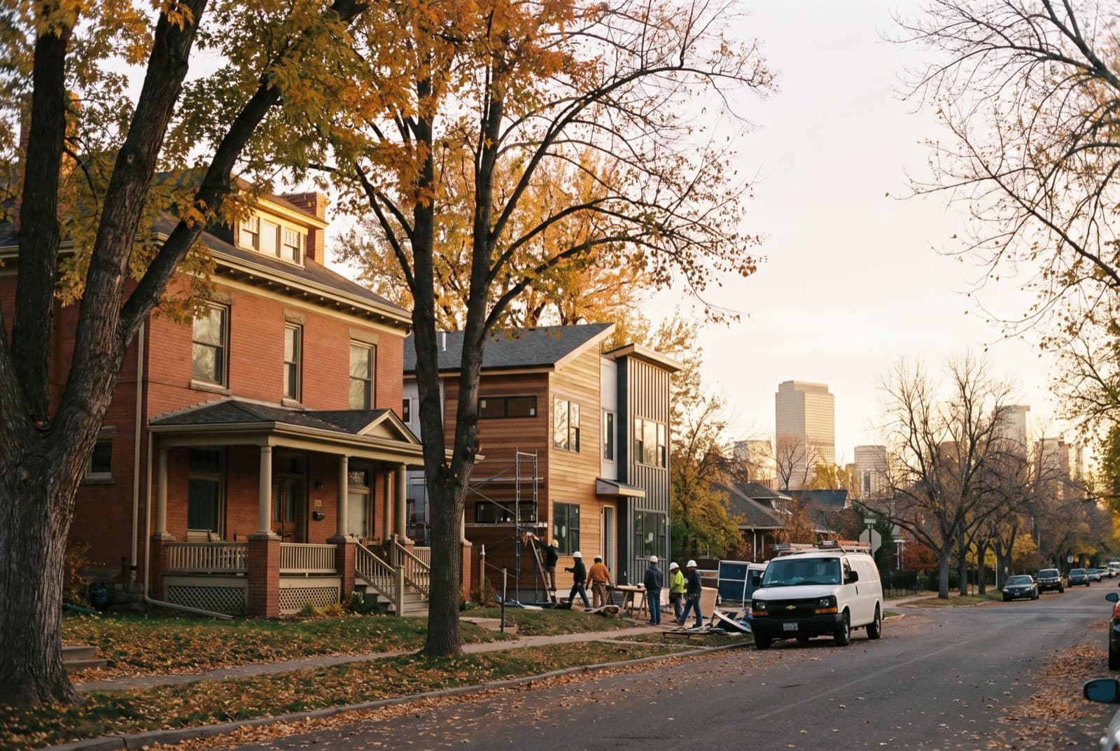 A crew finishing a new home beside an old brick house on a tree-lined Denver street, downtown towers in the distance