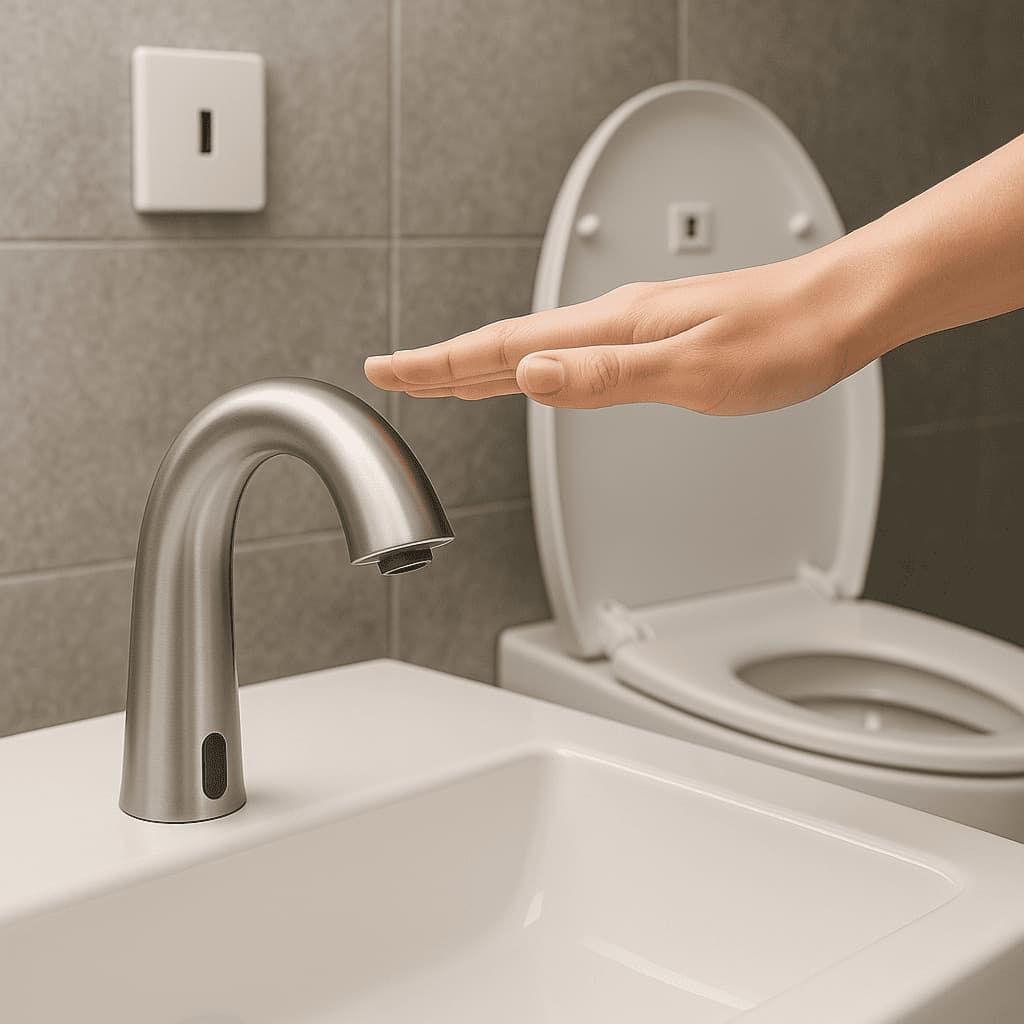 A hand about to turn on a touchless faucet and automatic toilet system